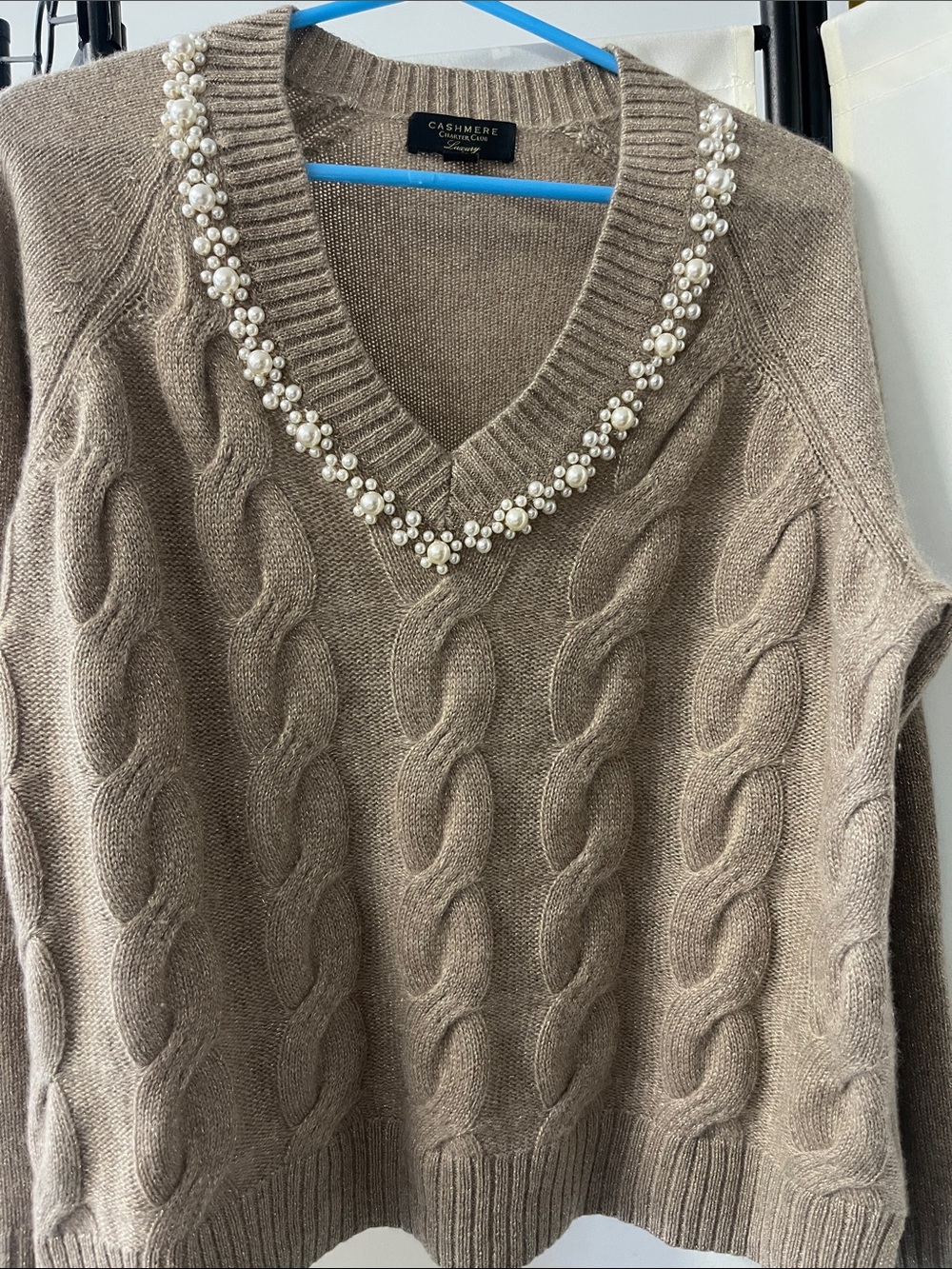 Charter Club Cashmere Blend Taupe Cable-Knit V-Neck Sweater with Pearl Trim